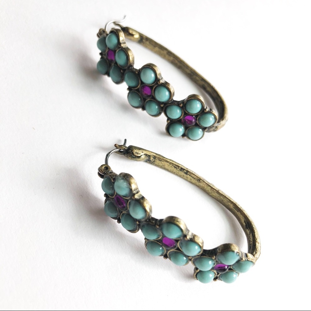 Artisan Teal and Purple Hammered Gold Hoops